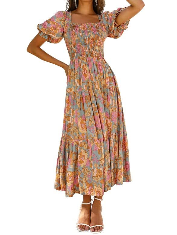 ZESICA Women's 2025 Summer Boho Floral Print Square Neck Ruffle Swing Beach Long Maxi Dress,GreyGreen,Large