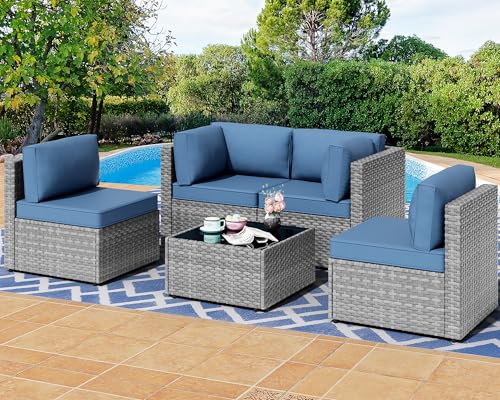 Shintenchi 5 Pieces Outdoor Patio Sectional Sofa Couch, Silver Gray PE Wicker Furniture Conversation Sets with Washable Cushions & Glass Coffee Table for Garden, Poolside, Backyard (Aegean Blue)