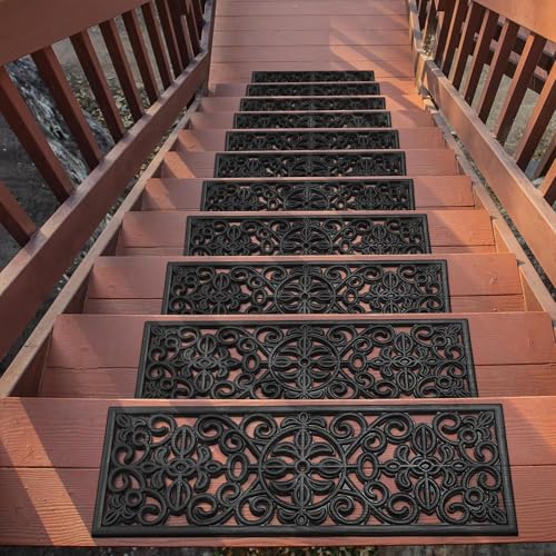 Ottomanson Indoor/Outdoor Hose-Wash Iron Wrought Design Non-Slip Rubber 10" x 30" Modern Stair Treads for Stairs, Garage, Patio, 5 Pack, Black Floral