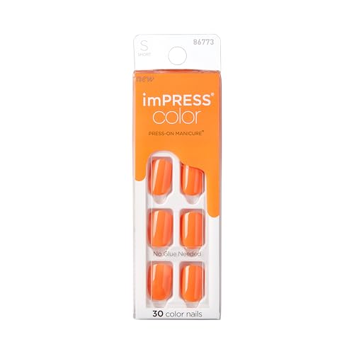 imPRESS Color Press On Nails, ‘'Sweet Mango', Solid Orange, Short Squoval, PureFit Technology, Patented Super Hold Adhesive, Chip Proof, Smudge Proof, Mini Nail File, Manicure Stick & 30 Fake Nails