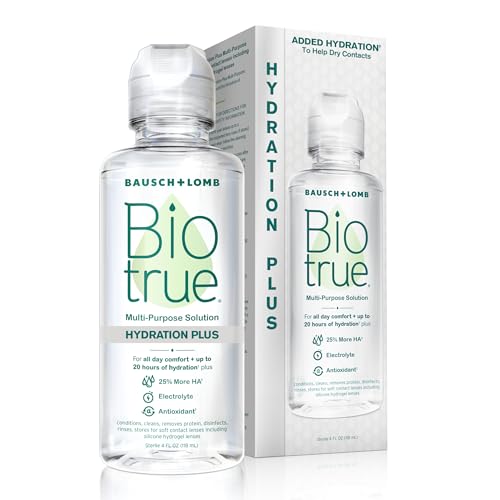 Biotrue Hydration Plus Contact Lens Solution, Multi-Purpose for Soft Lenses, Hydrates with Hyaluronan, Cleans, Clears, and Disinfects for All-Day Comfort, 4 Fl Oz (Pack of 1)