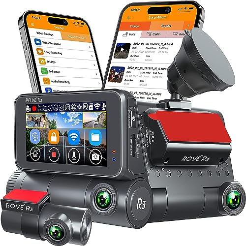 ROVE R3 Dash Cam Front and Rear with Cabin, 3” IPS Touch Screen, 3 Channel Dash Cam 1440P+1080P+1080P, IR Night Vision, 5GHz WiFi, Up to 30MB/s Download Speed, Quad-Mode GPS, Supports 512GB Max