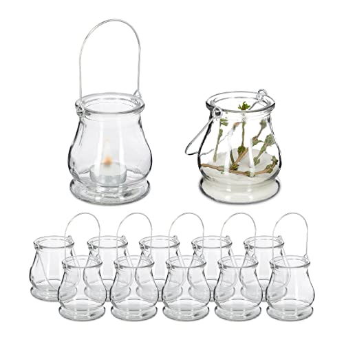 Relaxdays Lanterns Set of 12, Decorative Candle Holders for Outdoors & Indoors, H x D: 10 x 8,5 cm, Glass, Transparent