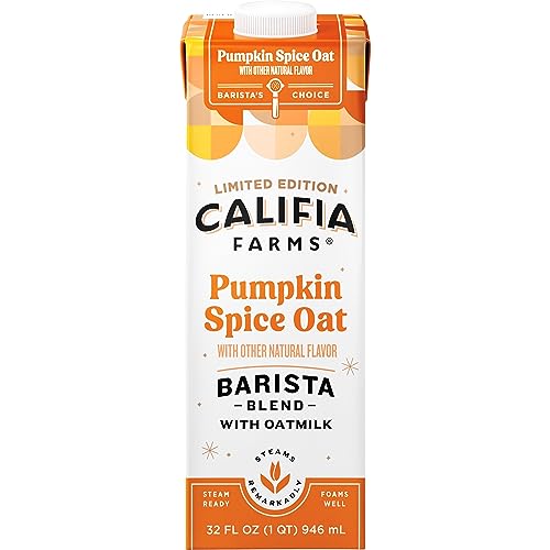 Califia Farms - Pumpkin Spice Oat Barista Blend Oat Milk, 32 Oz, Shelf Stable, Dairy Free, Plant Based, Vegan, Gluten Free, Non GMO, High Calcium, Milk Frother, Creamer, Oatmilk