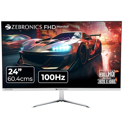 ZEBRONICS A24FHD LED Monitor, 24 inch (60.96cm), 250 nits, 100Hz, Slim Design, FHD, 1080p, Wall Mountable, HDMI, VGA, Ultra Slim Bezel, Metal Stand, B