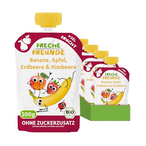🔥 STARKER PREIS (-30%) FRECHE FREUNDE Bio Quetschie Banane, Apfel, Erdbeere & Himbeere, Fruchtmus mit Obst im Quetschbeutel für Babys ab dem 6. Monat, vegan, 6er Pack (6 x 100g)