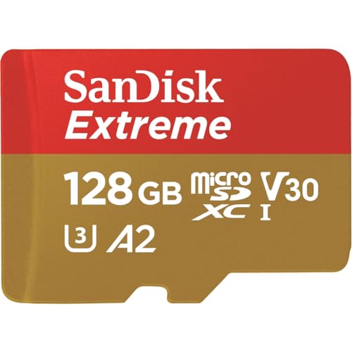 SANDISK Extreme microSD kaart 128 GB + adapter, tot 190 MB/s lezen | UHS-I, V30, 4K UHD, U3, C10, A2, tot 90 MB/s schrijven, ideaal voor actioncams en drones
