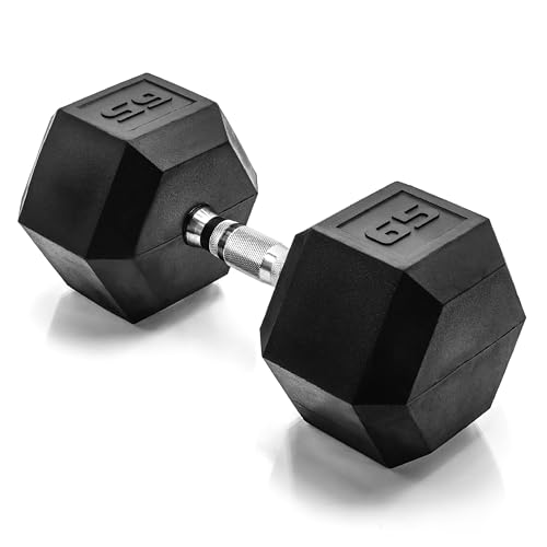 CAP Barbell 65 LB Rubber Coated Hex Dumbbell Hand Weight - Single | Chrome Handle