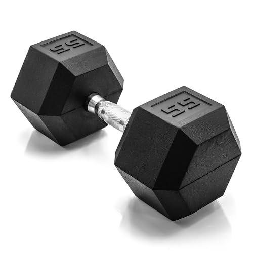 CAP Barbell 55 LB Rubber Coated Hex Dumbbell Hand Weight - Single | Chrome Handle