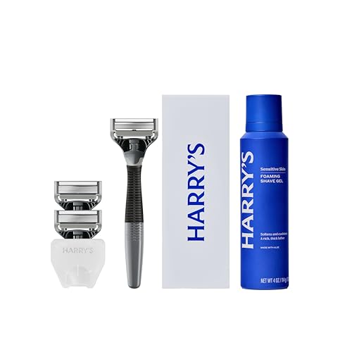 Harry's Original Shaving Kit for Men - Razor Handle, 3 Razor Blade Refills, Foaming Shave Gel, and Travel Blade Cover - German Engineered - Charcoal