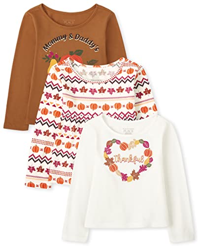 The Children's Place Baby Girls and Toddler Long Sleeve Fashion 3 Pack Shirt, Heart/Harvest Fairisle/Little Pumpkin 3 Pack, 3T US