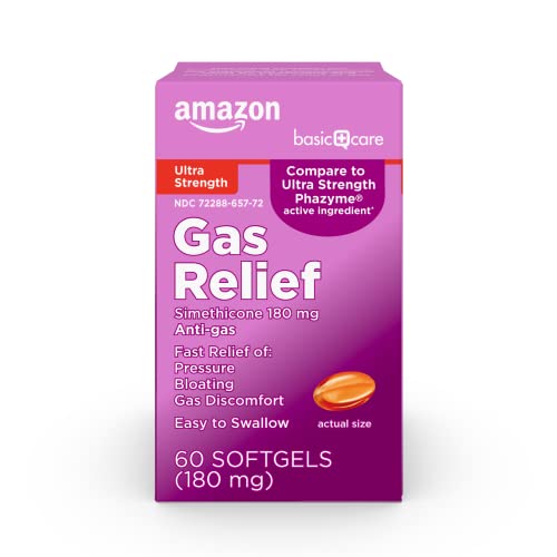 Amazon Basic Care Gas Relief, Ultra Strength Gas and Bloating Relief for Adults, 180 mg Simethicone Fast Gels, 48 Count