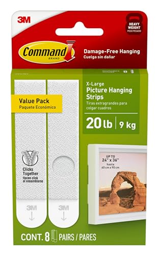 Command 20 Lb XL Heavyweight Picture Hanging Strips, Damage Free Hanging Picture Hangers, Heavy Duty Wall Hanging Strips for Living Spaces, 8 White Adhesive Strip Pairs