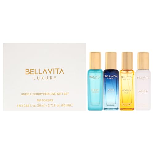 BellaVita Luxury Unisex Cologne Gift Set (4x20ml) | Fragrances Includes Honey OUD, SKAI, FRESH & White OUD | Travel Size Mini Perfumes & Spicy Vanilla Perfume Oil | Unisex Perfume for Women & Men