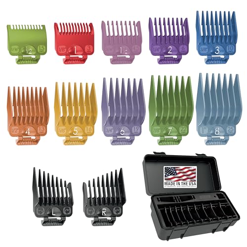 Wahl Clipper Genuine Secure-Fit™ Attachment Guard Organization Kit with Color Pro Colored Hair Clipper Guide Combs, 14 Piece Premium Storage Kit Hair Clippers, Multicolor - 3291-100