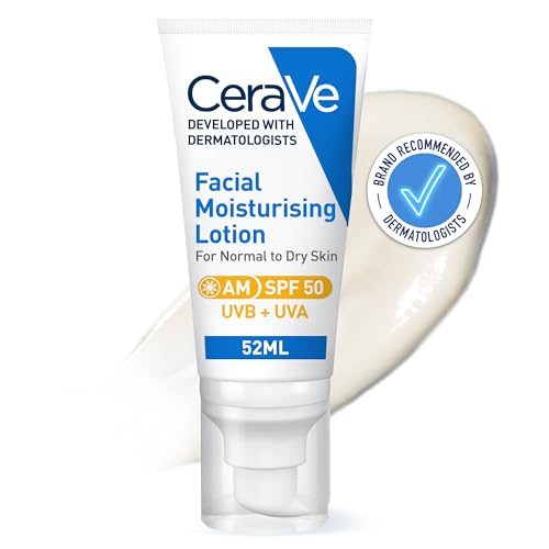 CeraVe AM Facial Moisturising Lotion SPF50 With 3 Essential Ceramides, Vitamin E, Niacinamide, MVE Technology, UVA UVB Protection, For Normal to Dry Skin, Lightweight, Non-Greasy, Allergy Tested, 52ml