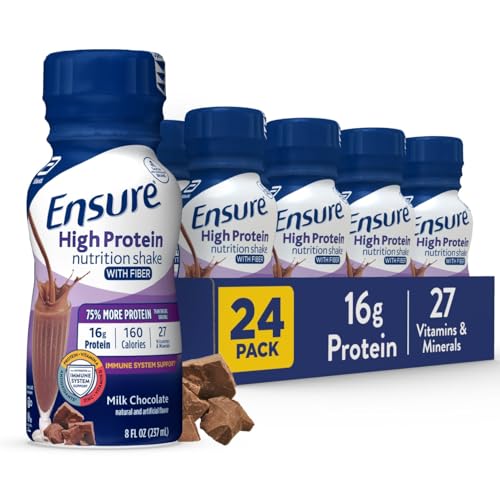Ensure High Protein Milk Chocolate Nutrition Shake with Fiber, Ready to Drink, 16g Protein and 27 Vitamins and Minerals, 8 fl oz, 24 Pack