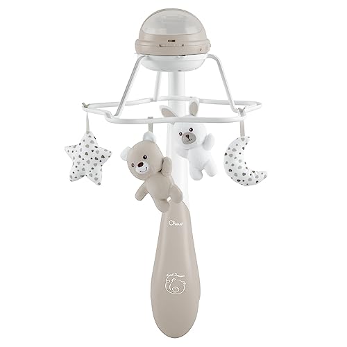 Mobile Musical Arc-en-ciel First Dreams, Mobile Nouveau-né évolutif 3 en 1 avec mélodies relaxantes et projection arc-en-ciel, avec 4 peluches accrochées, compatible avec les berceaux Chicco Next2Me, 0 mois et plus, Beige