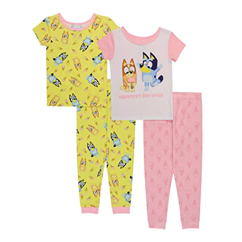 Bluey unisex-child 4-Piece Snug-fit Cotton Pajama Set, Soft & Cute for Kids, HAPPY DAY, 3T