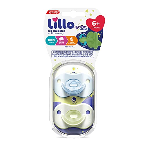 Lillo Kit De Chupeta 100% Silicone Calming Brilha No Escuro Bico Simétrico 6+ Meses - Azul