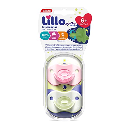 Lillo Kit De Chupeta 100% Silicone Calming Brilha No Escuro Bico Simétrico 6+ Meses - Rosa