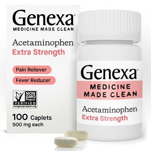 Genexa Clean Acetaminophen 500mg Extra Strength, Dye Free Pain Reliever Fever Reducer, 0% Artificial Additives, Pain Medicine for Adults, Relieves Headache, Backache, Minor Arthritis Pain, 100 Tablets