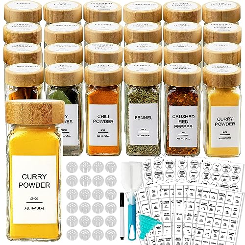 AISIPRIN Glass Spice Jars with 398 Labels, 24 pcs 4oz Spice Containers with Bamboo Lids, Square Spice Bottles With Shaker Lids,Spice Organization for Cabinet,Drawer,Rack,Seasoning Organizer