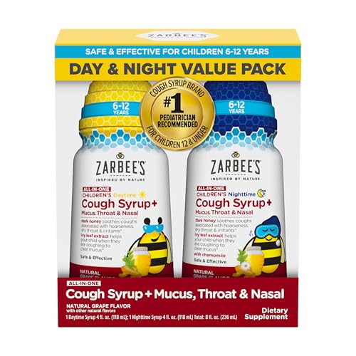 Zarbee's Children's All-in-One Honey Cough Syrup + Mucus, Throat & Nasal Day & Night Value Two Pack for Kids 6-12 + Dark Honey, Ivy Leaf Extract, Zinc Turmeric Root & B-Vitamins, Grape, 2 x 4 fl. Oz