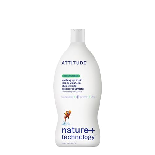 ATTITUDE Washing Up Liquid, EWG Verified, Plant-Based & Vegan Dish Soap, Naturally Derived, Green Apple & Basil Scent, 700 mL
