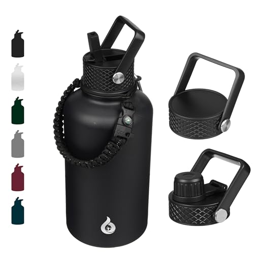 BJPKPK Half Gallon Insulated Water Bottles with Straw Lid, 64oz Large Water Jug, Stainless Steel Bottles with 3 Lids and Paracord Handle, Thermo for Hot & Cold Liquid, Black