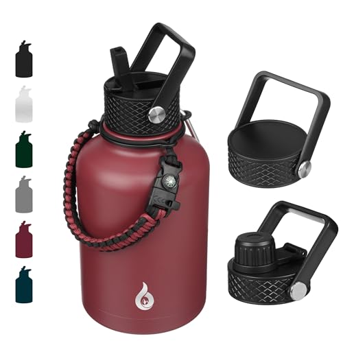BJPKPK Insulated Water Bottles with Straw Lid, 50oz Large Water Jug, Stainless Steel Vacuum Cups, Hot & Cold Thermos with 3 Lids and Paracord Handle,Brick Red