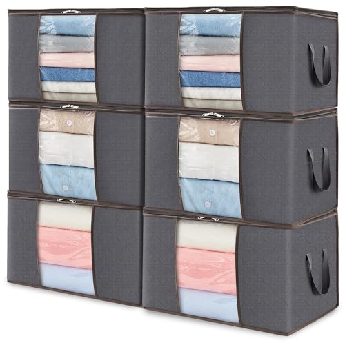 Lifewit 6 Pack Clothes Storage Bins with Lids, Foldable Blanket Storage Bags with Zippers, Clear Window and Reinforced Handles, Closet and Organization for Clothing, Sweater, Comforter, Bedding, Gray
