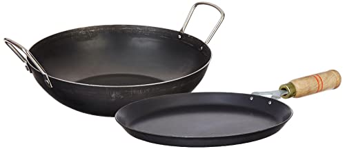 Amazon Brand - Solimo Sheet Metal Iron Cookware Set of 2 Pc (Tawa 23 cm Dia, Kadai 24 cm Dia) 100% Toxin-Free, Naturally Non-Stick, Long Lasting, Gas 