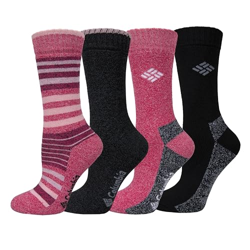 Columbia Women's 4 Pack Moisture Control Crew Socks, Pink Stripe/Charcoal/Pink/Black, Shoe Size 4-10