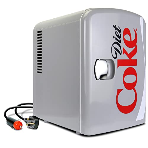 Diet Coke Mini Fridge - Refrigerator for Bedroom Office, Portable Table Top Beverage Cooler, 12V 110V Refrigerador For Drinks, Soda, Wine, Use In Car, Dorm, Outdoor, Patio, 6 Can