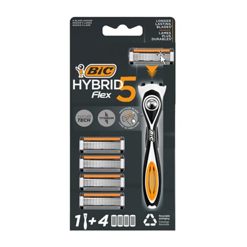 BIC Hybrid 5 Flex, Men's Rechargeable Shaver, Handle and Refills with 5 Nanotech Titanium Coated Blades - Box of 1+4