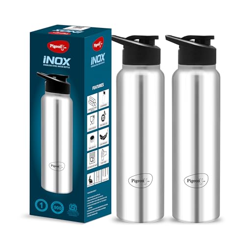 Pigeon by Stovekraft Inox hydra 900ml pack of 2 Stainless Steel Drinking Water Bottle 900ml Flipper Cap- Silver (1 year Warranty)