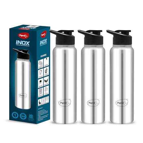 Pigeon by Stovekraft Inox hydra 900ml pack of 3 Stainless Steel Drinking Water Bottle 900ml Flipper Cap - Silver (1 year Warranty)