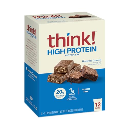 think! Protein Bars, High Protein Snacks, Gluten Free, Sugar Free Energy Bar with Whey Protein Isolate, Brownie Crunch, Nutrition Bars without Artificial Sweeteners, 2.1 Oz (12 Count)