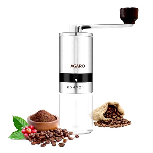 AGARO Elite Manual Coffee Grinder, Ceramic Grinder with Glass jar, 6 Adjustable Settings, Stainless Steel Body, Tooth Handle, No Power, Whole Bean, Dr