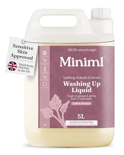 Miniml Eco Washing Up Liquid 5L Refill - Wild Rhubarb & Lemon Scented Non Bio & Skin Sensitive Friendly Dish Wash Cleaner Plant Based Vegan & Cruelty Free - Natural Cleaning Products (500 Washes)