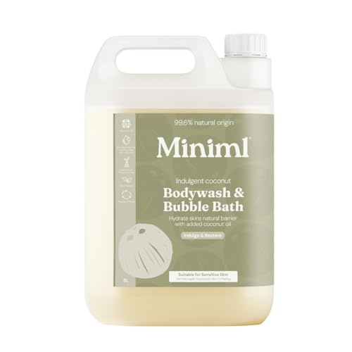 Miniml All Natural Body Wash and Bubble Bath - 5L Refill Moisturising Nourishing Coconut Vera Sensitive Skin Eco Shower Gel Bath Soak - Vegan Friendly Hand, Face & Body High Foam Scrub