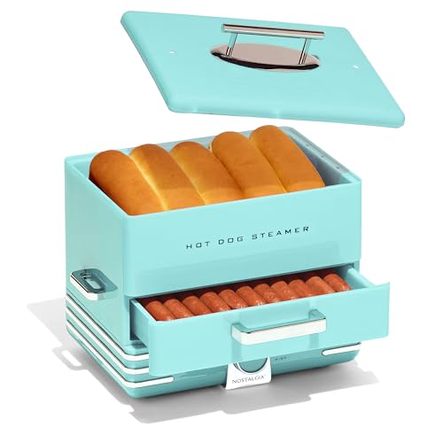 Nostalgia Extra Large Diner-Style Steamer, 20 Hot Dogs and 6 Bun Capacity, Perfect for Breakfast Sausages, Brats, Vegetables, Fish, Aqua