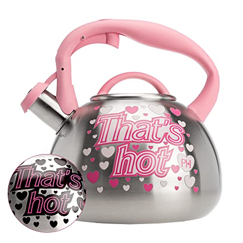 Paris Hilton Whistling Stovetop Tea Kettle, Stainless Steel with Color Changing "That's Hot" Heat Indicator Design, Soft Touch Handle, 2.5-Quart, Pink