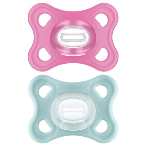 MAM Comfort All Silicone Soothers | 3-12 Months | 2 Pack | Comes in Dummy Steriliser Case | Sustainable Materials | Baby Accessories | Pink/Cream (Various Designs)