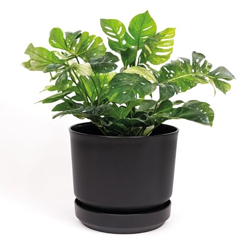 Elly Décor 12 inch Plastic Cylinder Planter Pot with Self-Watering Saucer and Drainage Hole,Lightweight & Extremely Durable, 12"x 12", Black