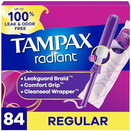 Tampax Radiant Tampons, with LeakGuard Braid, Regular Absorbency, Unscented, 84 Count (3 Packs of 28)
