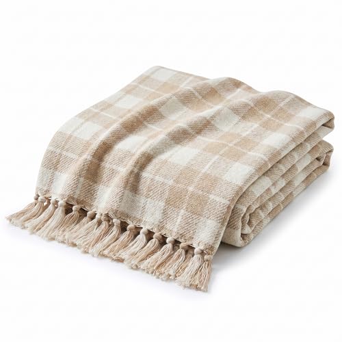 Americanflat 50x60 Throw Blanket - Soft and Breathable Cotton Throw Blanket for Couch, Bed, Chair - Decorative Blankets Perfect for Home, Office, or Outdoor Use - Ecru Camel Plaid Design
