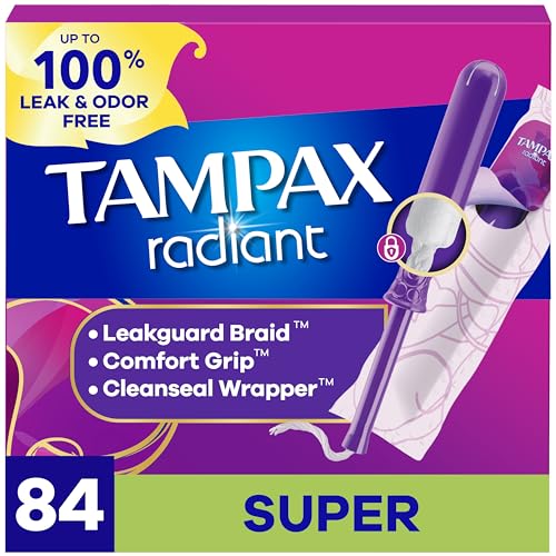 Tampax Radiant Tampons, with LeakGuard Braid, Super Absorbency, Unscented, 84 Count (3 Packs of 28)
