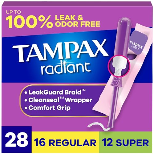 Tampax Radiant Tampons for Women Multipack, with LeakGuard Braid, Regular/Super Absorbency, Unscented, 84 Count (3 Packs of 28)